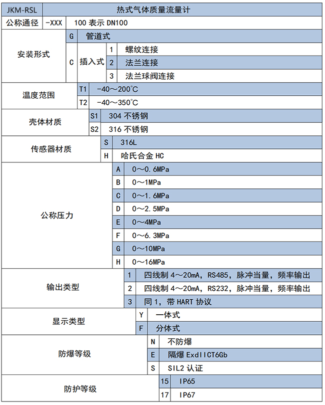 高壓熱式氣體質(zhì)量流量計選項(xiàng)表